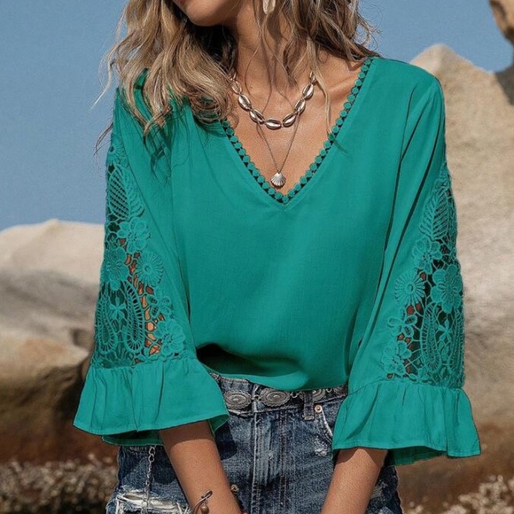 BellanBlue Tops - 018 Boho Floral Crochet bell sleeve top